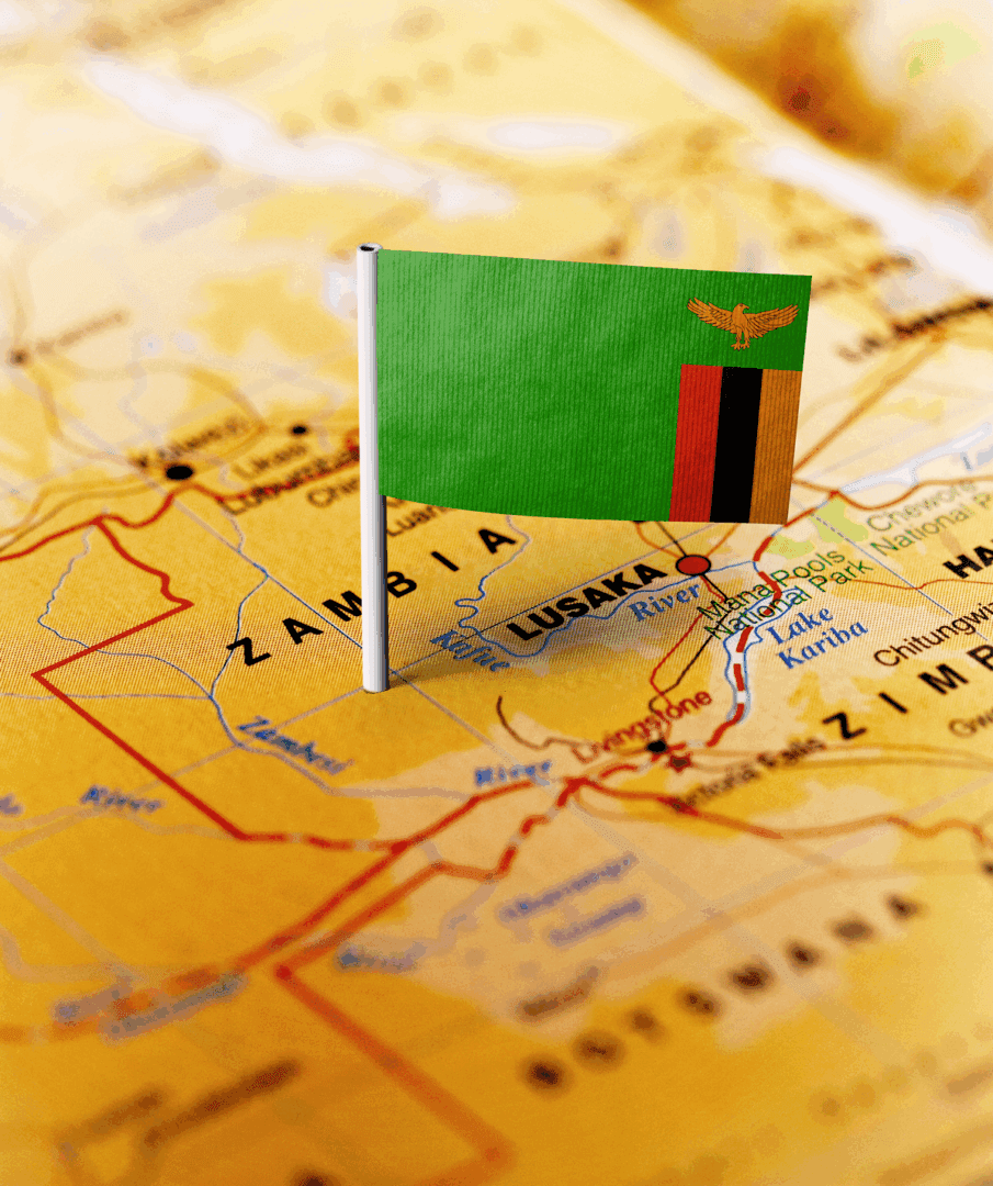 Zambian flag on map near Lusaka.