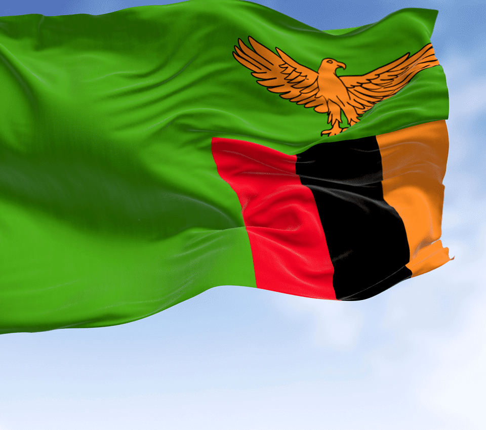 Zambian flag waving against a blue sky.
