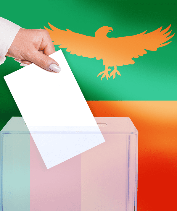 Hand casting vote in ballot box, Zambia flag.